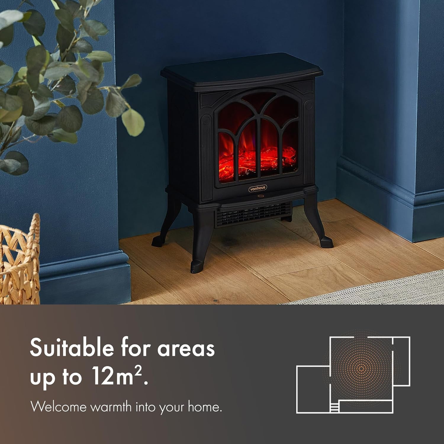 Electric Stove Heater 1500W – Electric Fireplace – Indoor Log/Wood Burner Effect, Freestanding Fire, Portable, LED Flame, 2 Heat Settings, Adjustable Thermostat, Black – H45 X W41 X D24Cm