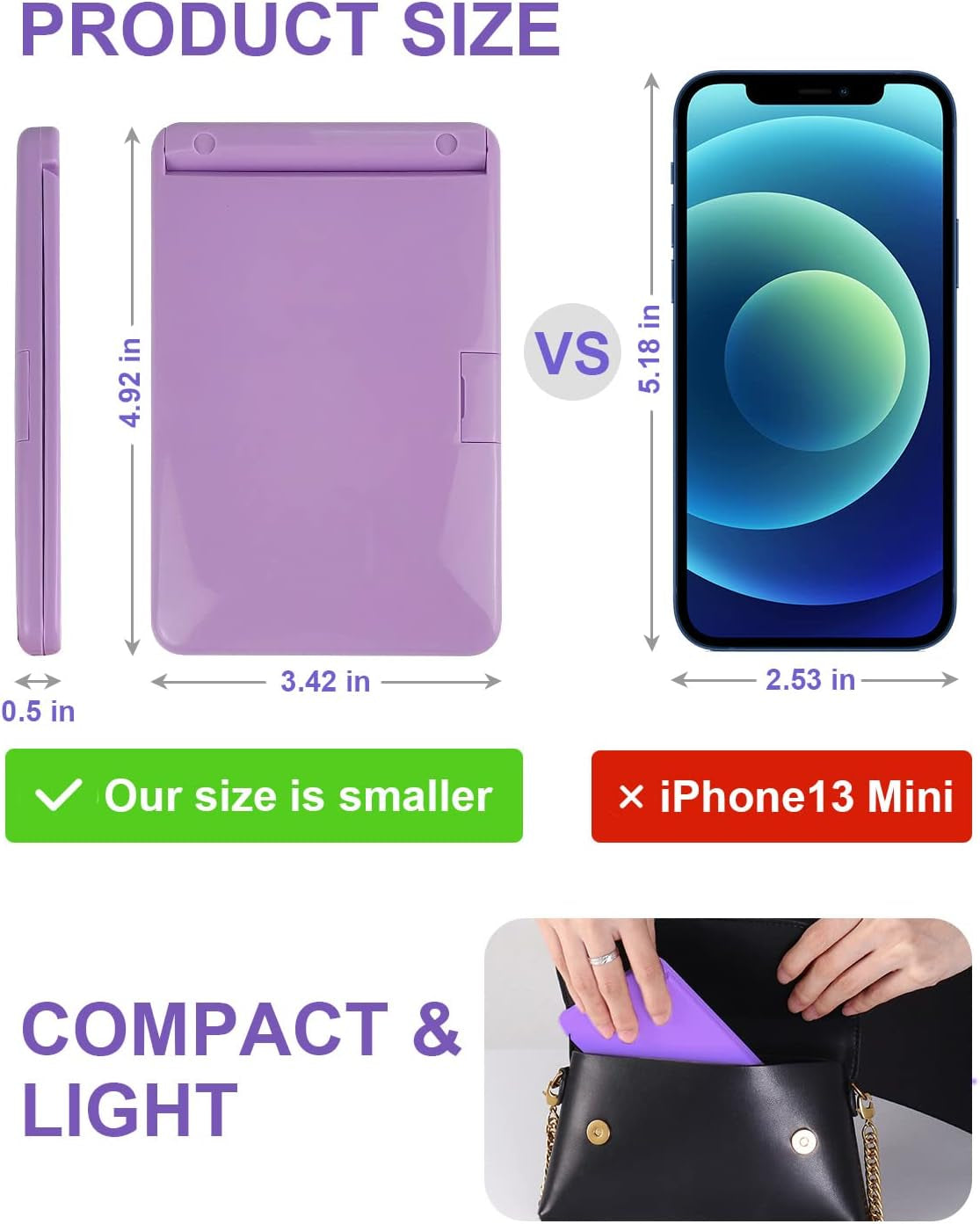 Portable Makeup Compact Mirrors P22, Adjustable Brightness Touch Switch Auto Power off 8 Leds Lighted Mirror 1X & 2X Magnification Gifts for Women Her Teenage Girls Purple, One Size