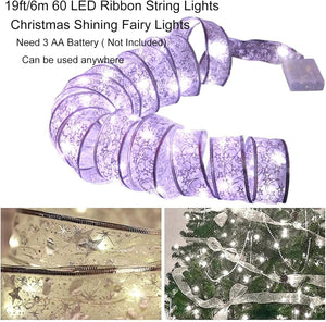 Christmas Tree Lights, 19Ft/6M 60 LED Christmas Tree Ribbon Waterproof Fairy Lights Christmas Decorations Curtain Lights Hanging Fairy Lights for Bedroom Wall Garden Patio Christmas Tree Decorations