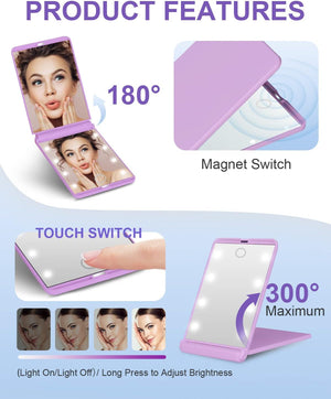 Portable Makeup Compact Mirrors P22, Adjustable Brightness Touch Switch Auto Power off 8 Leds Lighted Mirror 1X & 2X Magnification Gifts for Women Her Teenage Girls Purple, One Size