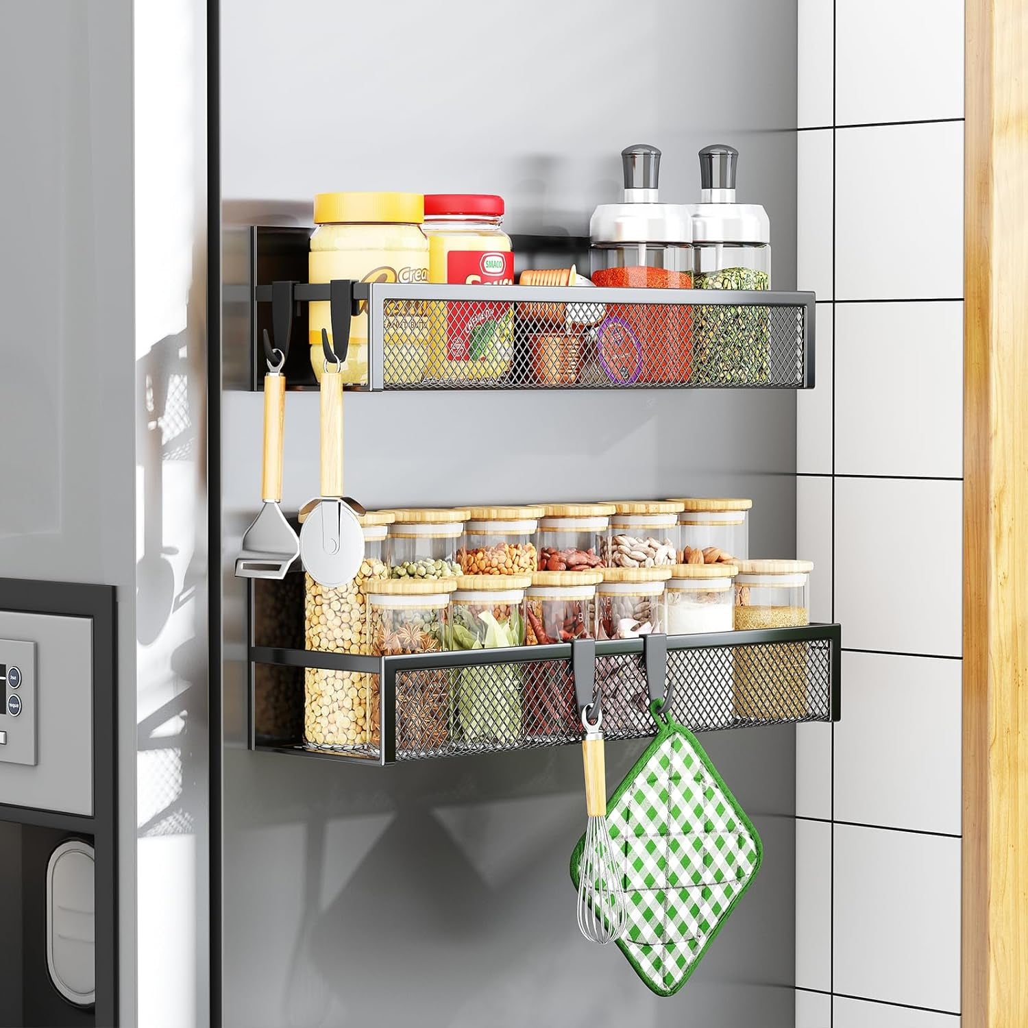 magnetic Spice Rack for Refrigerator - 2 Pack Magnetic Shelf with Moveable Hooks for Ultimate Kitchen Organization!