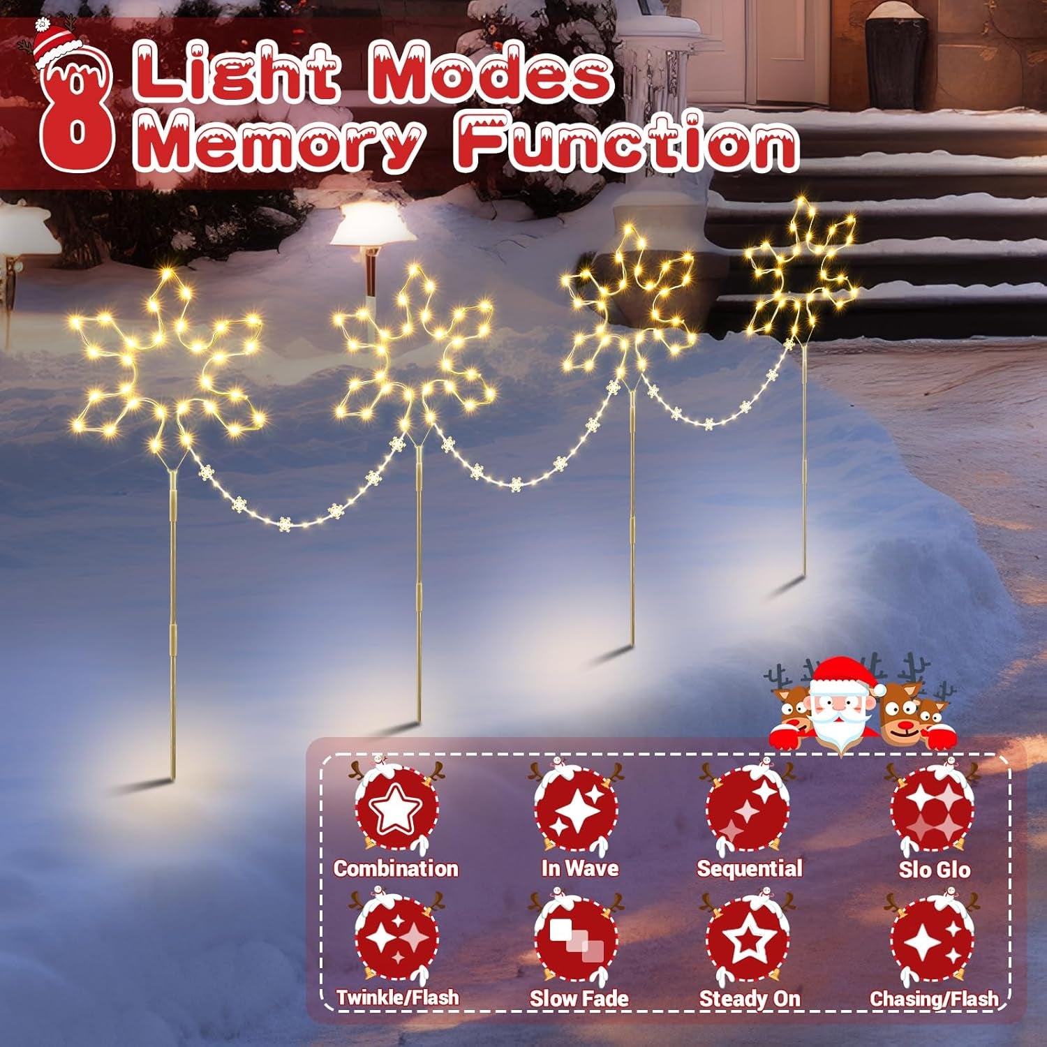 Christmas Pathway Lights Outdoor Decoration, 90Cm 4Pack 176 LED Snowflake Path Lights Warm White & 8 Modes Timer Memory Function, Stake Decor for Garden Yard Lawn