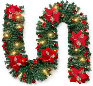 2.7M LED Pre-Lit Christmas Garland Decorations, 9FT Green Garland Illuminated with 30 Warm LED Lights, Garland Artificial Greenery Holiday Decor for Indoor Outdoor