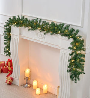 2.7M LED Pre-Lit Christmas Garland Decorations, 9FT Green Garland Illuminated with 30 Warm LED Lights, Garland Artificial Greenery Holiday Decor for Indoor Outdoor