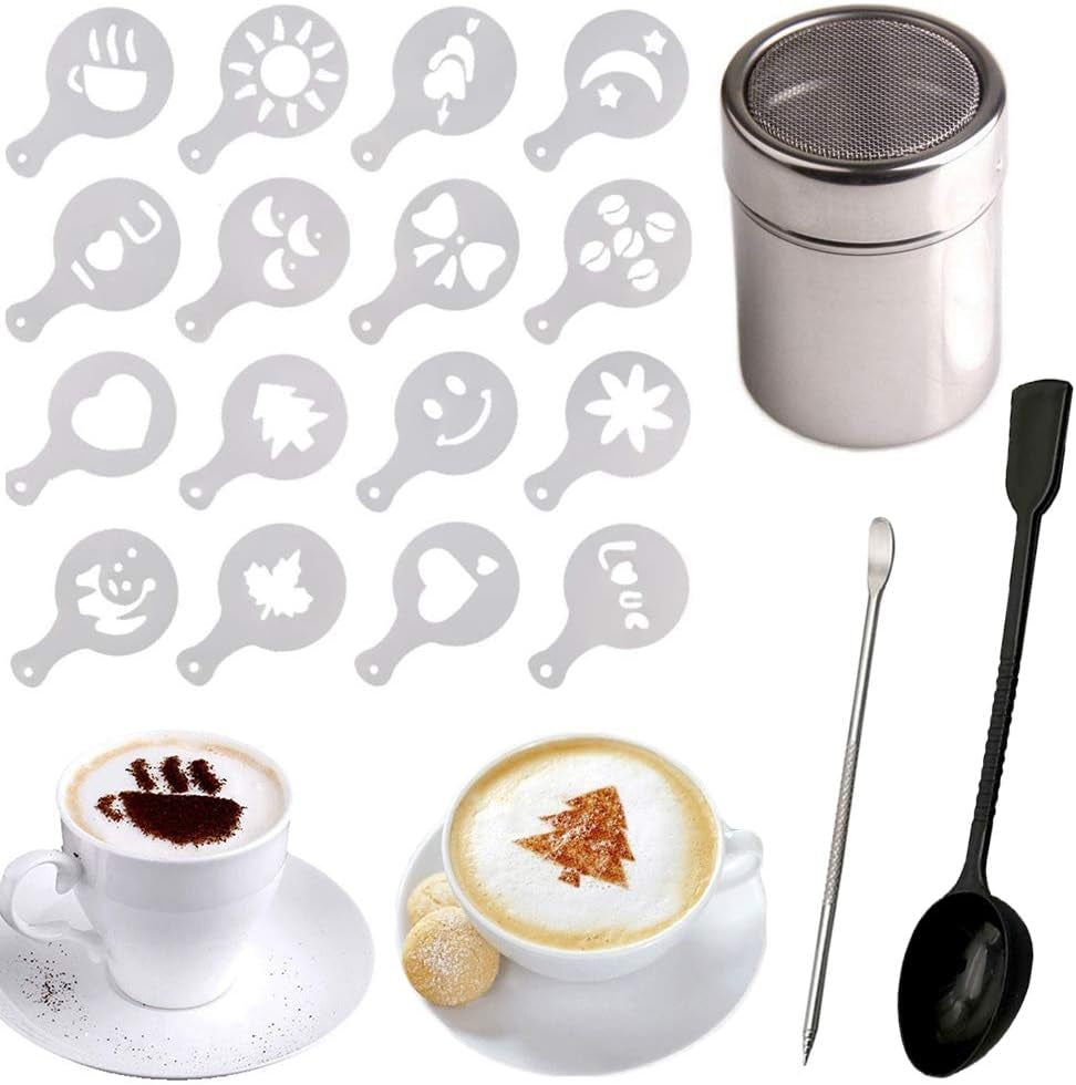 Stainless Steel Chocolate Shaker Duster, 16 Cappuccino Coffee Barista Stencils C