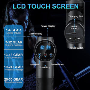 Massage Gun Deep Tissue, Muscle Percussion Massager with 30 Speeds Quiet Hand Massagers with LCD Touch Screen 10 Heads for Shoulder Body Back Relaxation (Black)