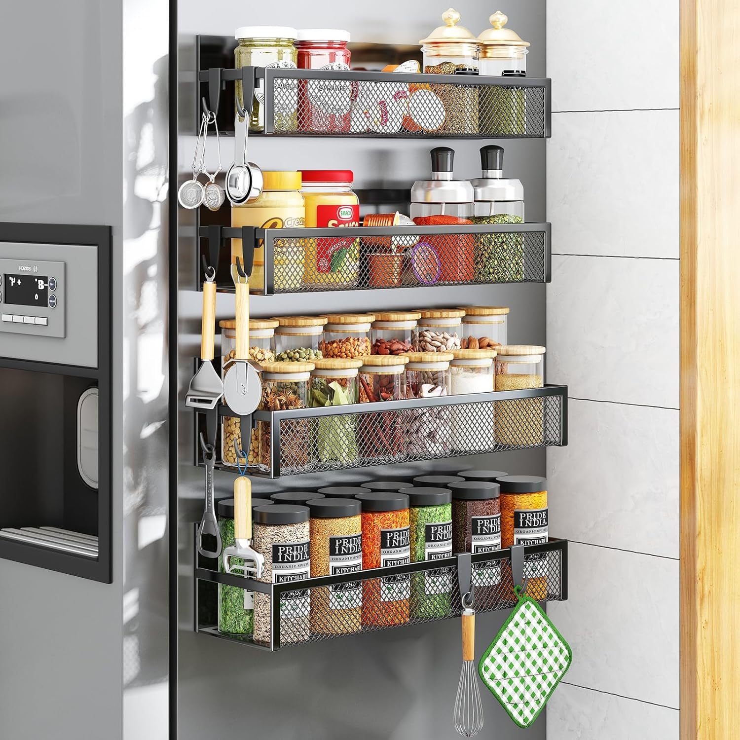 magnetic Spice Rack for Refrigerator - 2 Pack Magnetic Shelf with Moveable Hooks for Ultimate Kitchen Organization!