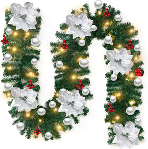 2.7M LED Pre-Lit Christmas Garland Decorations, 9FT Green Garland Illuminated with 30 Warm LED Lights, Garland Artificial Greenery Holiday Decor for Indoor Outdoor