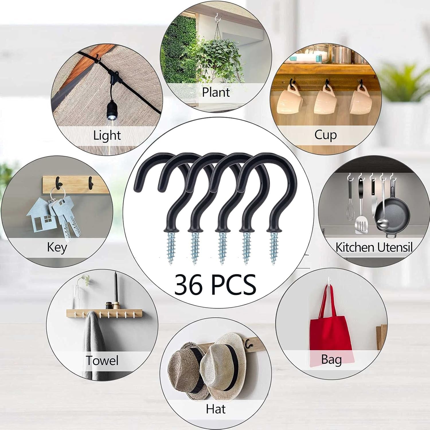 36PCS Metal Ceiling Hooks 1-1/4 Inch Multipurpose Vinyl Coated Screw-In Wall Hooks for Hanging Plants, Cups, Utensils, Lights and Stuff Great for Indoor & Outdoor Use
