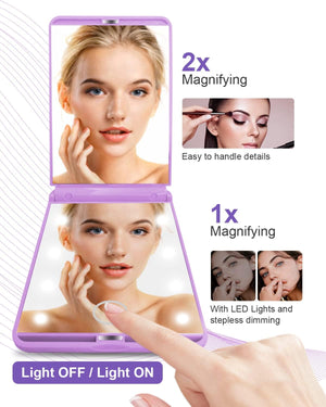 Portable Makeup Compact Mirrors P22, Adjustable Brightness Touch Switch Auto Power off 8 Leds Lighted Mirror 1X & 2X Magnification Gifts for Women Her Teenage Girls Purple, One Size