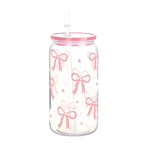 16Oz Cute Bow Plastic Cup with Lid Bow Cherry Graffiti Pattern Water Bottle for Kitchen Coffee Straw Cups Beverage Juice Cups 