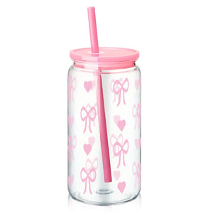 16Oz Cute Bow Plastic Cup with Lid Bow Cherry Graffiti Pattern Water Bottle for Kitchen Coffee Straw Cups Beverage Juice Cups 