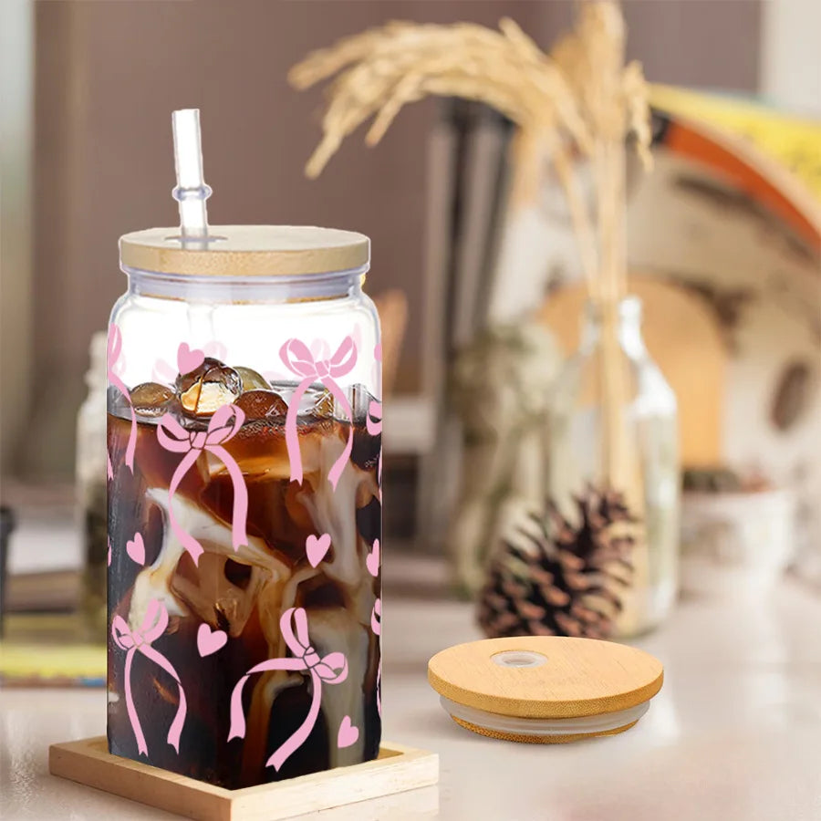 16Oz Cute Bow Plastic Cup with Lid Bow Cherry Graffiti Pattern Water Bottle for Kitchen Coffee Straw Cups Beverage Juice Cups 