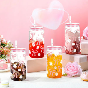16Oz Cute Bow Plastic Cup with Lid Bow Cherry Graffiti Pattern Water Bottle for Kitchen Coffee Straw Cups Beverage Juice Cups 