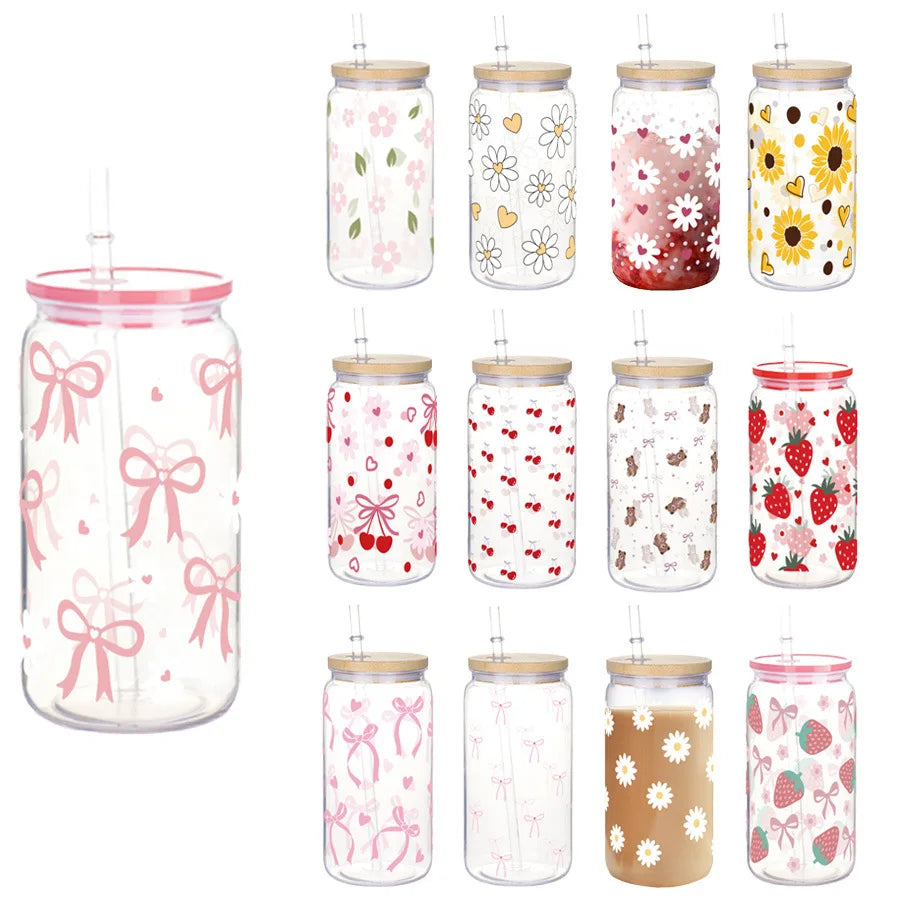 16Oz Cute Bow Plastic Cup with Lid Bow Cherry Graffiti Pattern Water Bottle for Kitchen Coffee Straw Cups Beverage Juice Cups 