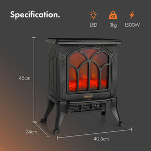 Electric Stove Heater 1500W – Electric Fireplace – Indoor Log/Wood Burner Effect, Freestanding Fire, Portable, LED Flame, 2 Heat Settings, Adjustable Thermostat, Black – H45 X W41 X D24Cm