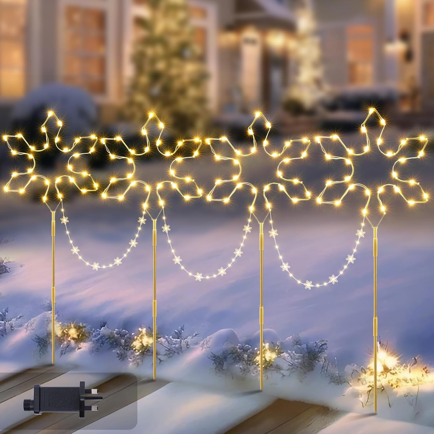 Christmas Pathway Lights Outdoor Decoration, 90Cm 4Pack 176 LED Snowflake Path Lights Warm White & 8 Modes Timer Memory Function, Stake Decor for Garden Yard Lawn