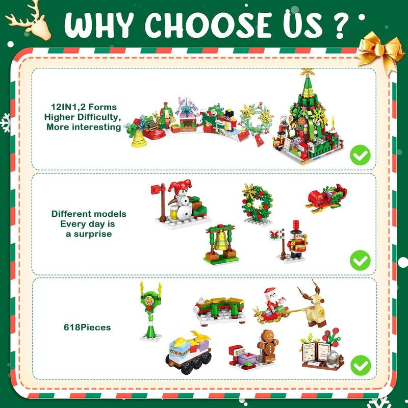 Christmas Advent Calendar 2025 Building Blocks for Kids & Adults - 24 Pack Assembly Puzzles with Christmas Tree, Reindeer Sleigh & Train - High-Quality Materials - Perfect Gift for Block Lovers