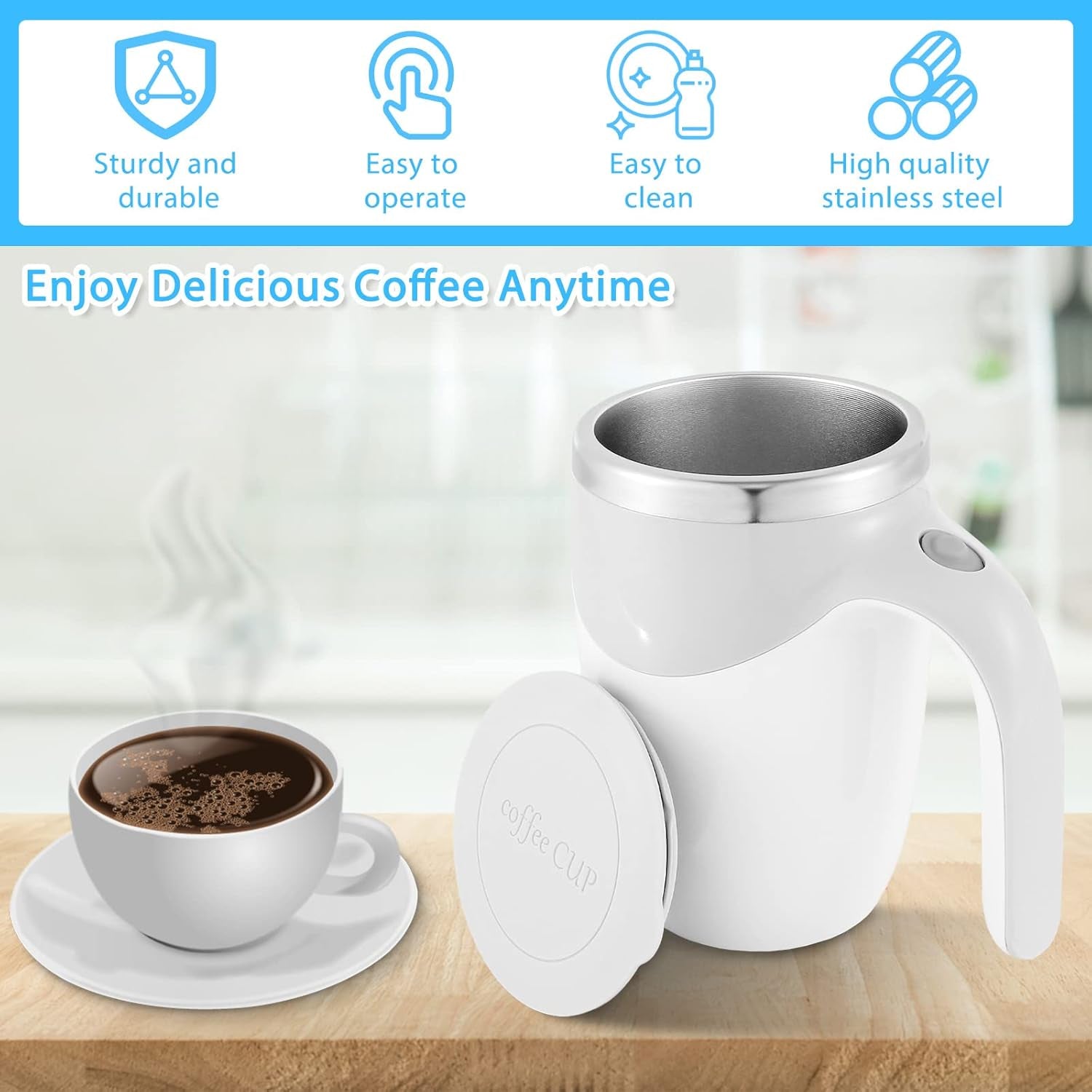 Stainless Steel Self Stirring Coffee Mug with Lid, 380ML Rechargeable Auto Magnetic Mug, Portable Auto Mixing Cup, Magnetic Hot Beverage Mixer for Coffee/Milk/Tea/Hot Chocolat/Latte/Mocha