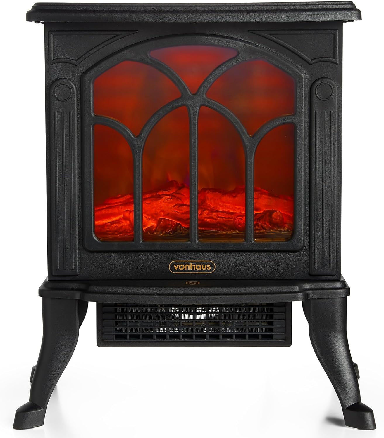 Electric Stove Heater 1500W – Electric Fireplace – Indoor Log/Wood Burner Effect, Freestanding Fire, Portable, LED Flame, 2 Heat Settings, Adjustable Thermostat, Black – H45 X W41 X D24Cm