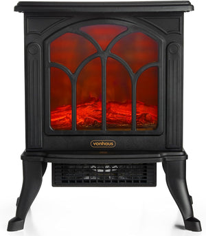 Electric Stove Heater 1500W – Electric Fireplace – Indoor Log/Wood Burner Effect, Freestanding Fire, Portable, LED Flame, 2 Heat Settings, Adjustable Thermostat, Black – H45 X W41 X D24Cm