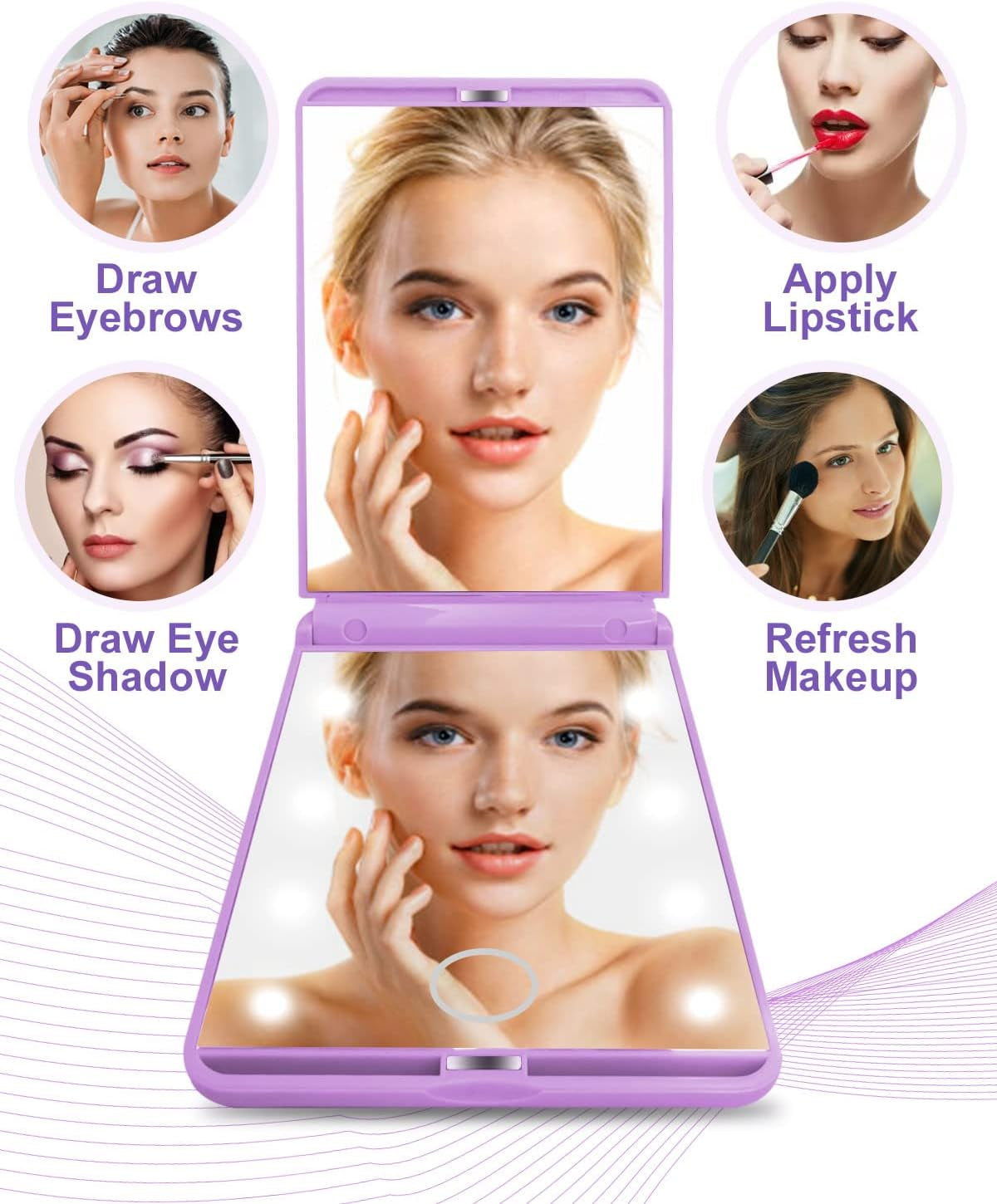 Portable Makeup Compact Mirrors P22, Adjustable Brightness Touch Switch Auto Power off 8 Leds Lighted Mirror 1X & 2X Magnification Gifts for Women Her Teenage Girls Purple, One Size