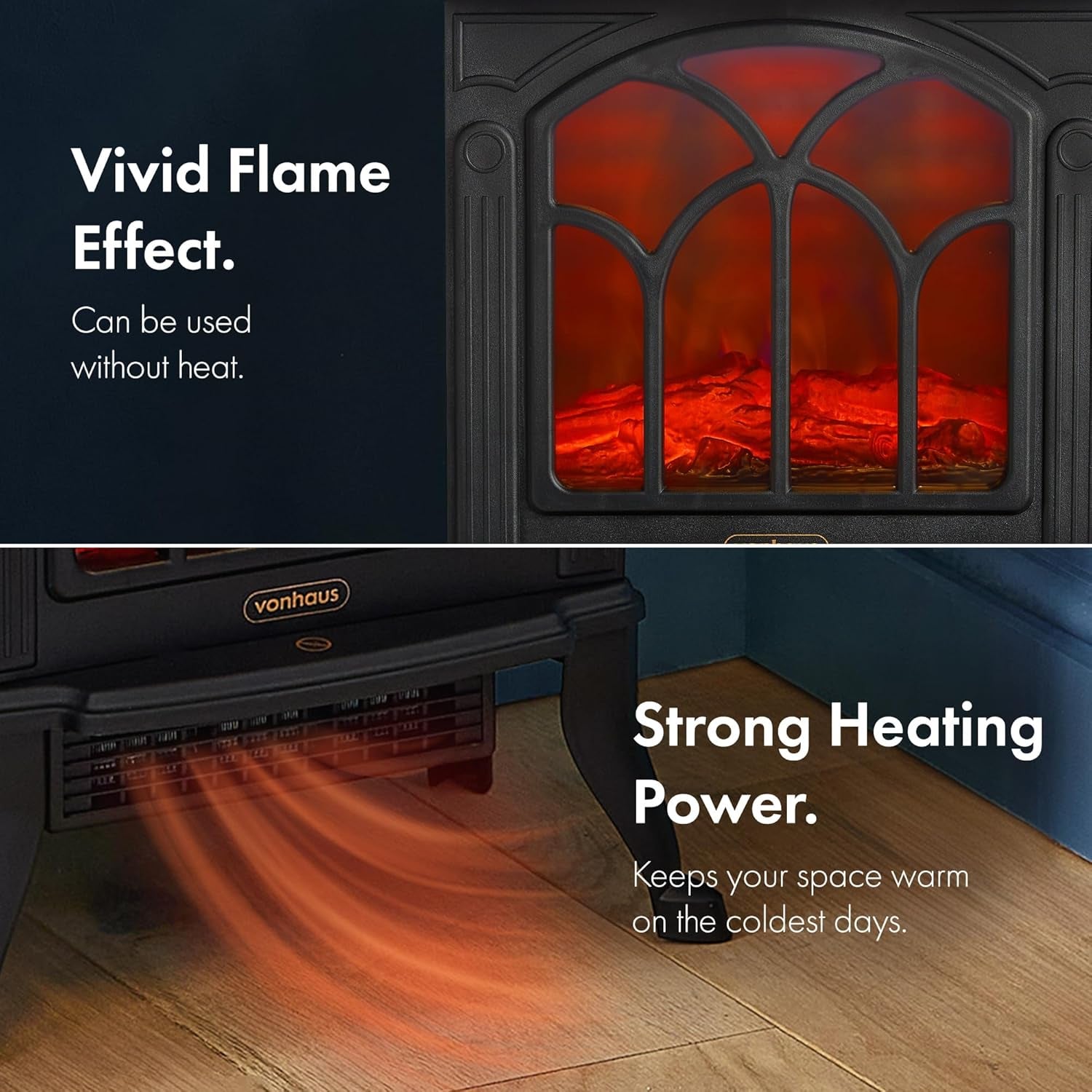 Electric Stove Heater 1500W – Electric Fireplace – Indoor Log/Wood Burner Effect, Freestanding Fire, Portable, LED Flame, 2 Heat Settings, Adjustable Thermostat, Black – H45 X W41 X D24Cm