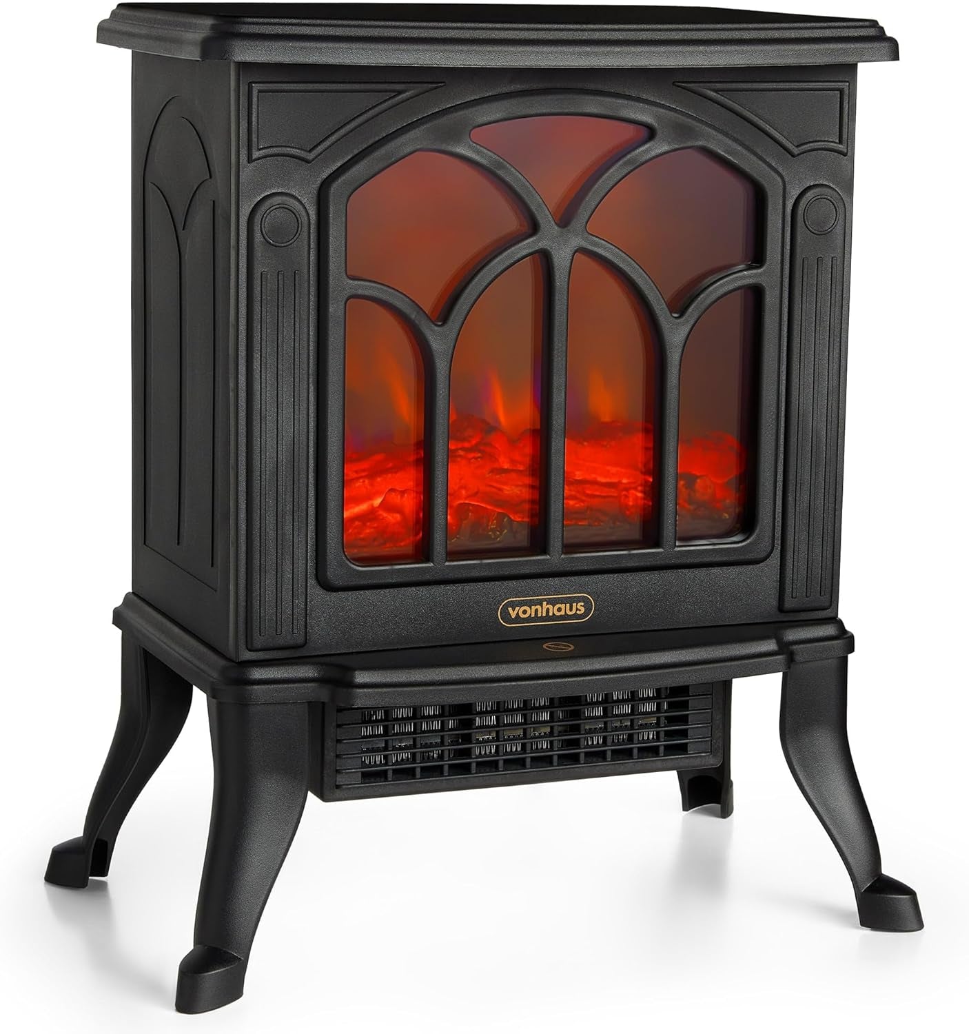 Electric Stove Heater 1500W – Electric Fireplace – Indoor Log/Wood Burner Effect, Freestanding Fire, Portable, LED Flame, 2 Heat Settings, Adjustable Thermostat, Black – H45 X W41 X D24Cm