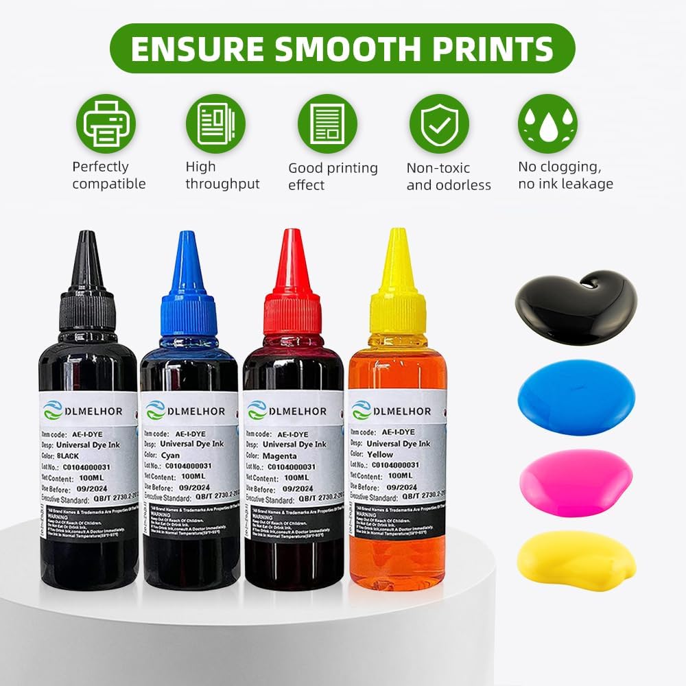 Universal Dye Refill Ink Kits Suit for Eposn Canon HP Brother Lexmark Samsung Dell Kodak Inkjet Printer Compatible Cartridges Refillable Cartridge CISS CIS System,4 Color Set (Bk,C,M,Y)*1,400Ml