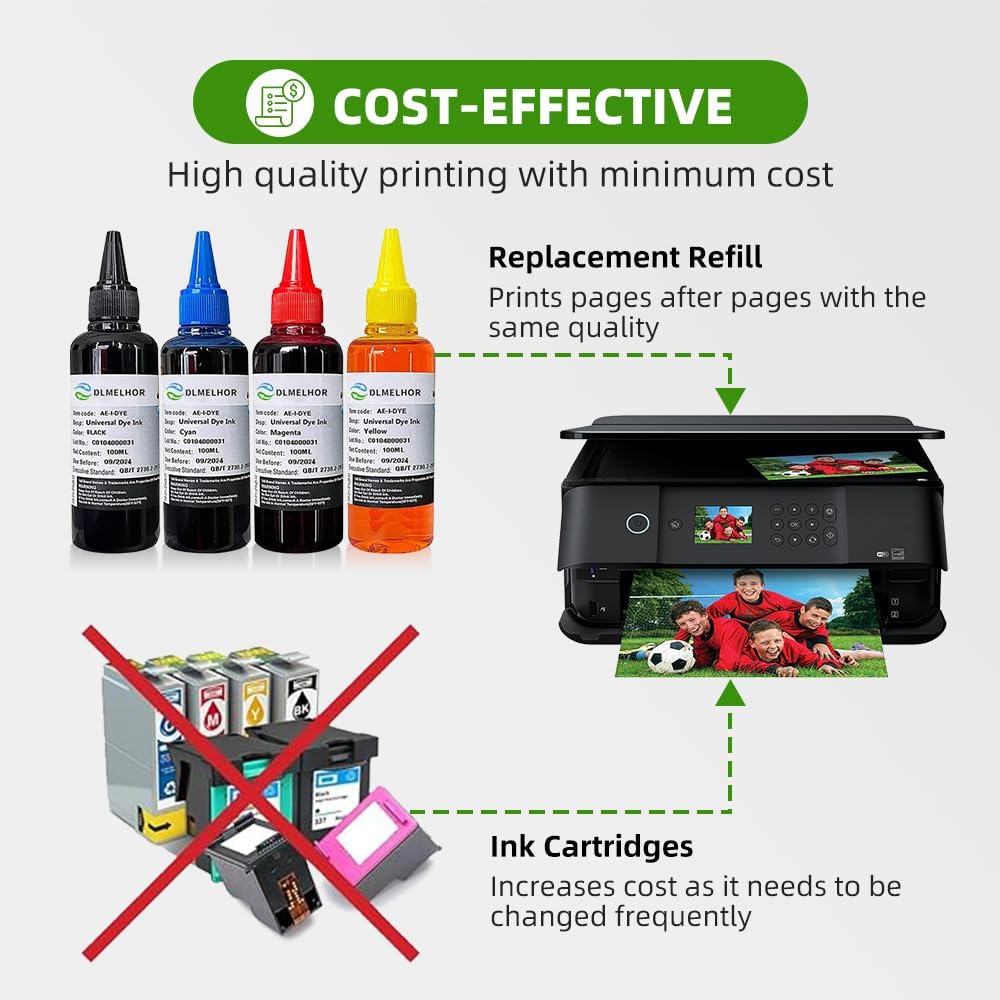 Universal Dye Refill Ink Kits Suit for Eposn Canon HP Brother Lexmark Samsung Dell Kodak Inkjet Printer Compatible Cartridges Refillable Cartridge CISS CIS System,4 Color Set (Bk,C,M,Y)*1,400Ml