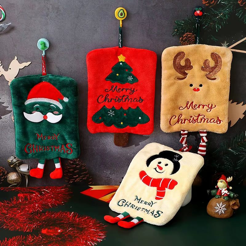 2026 Xmas Santa Claus Snowman Shape Towels Merry Christmas Hand Towel Thickened Absorbent Kitchen Hanging Towels Wipe Cloth