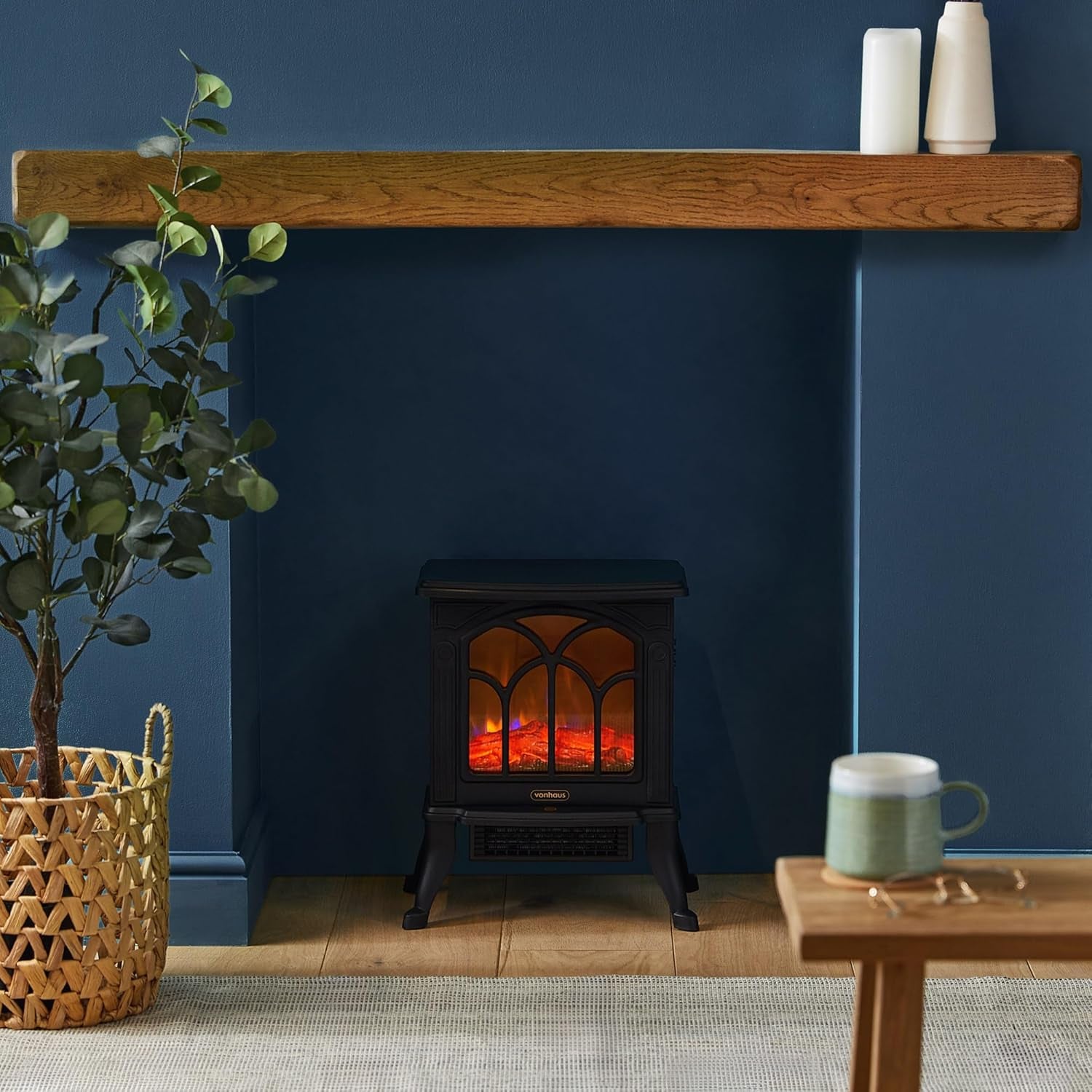 Electric Stove Heater 1500W – Electric Fireplace – Indoor Log/Wood Burner Effect, Freestanding Fire, Portable, LED Flame, 2 Heat Settings, Adjustable Thermostat, Black – H45 X W41 X D24Cm