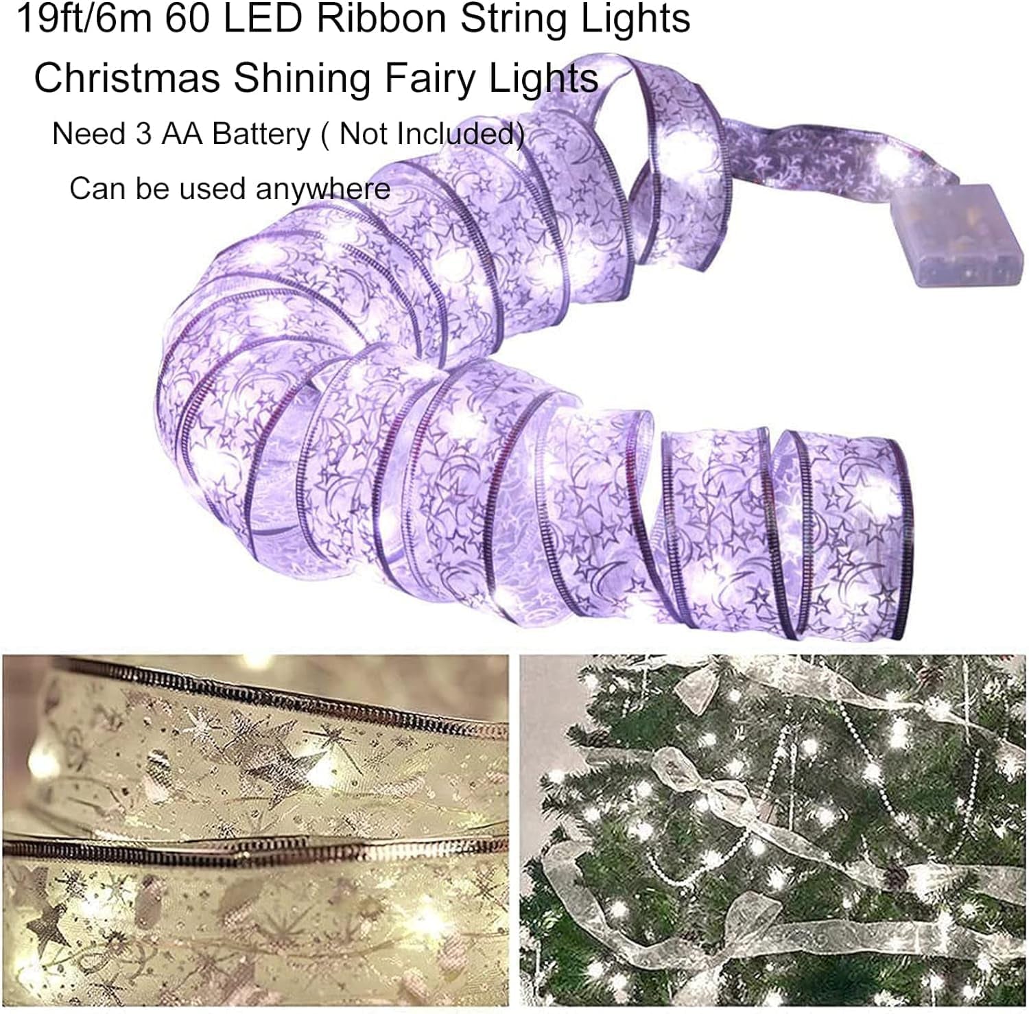 Christmas Tree Lights, 19Ft/6M 60 LED Christmas Tree Ribbon Waterproof Fairy Lights Christmas Decorations Curtain Lights Hanging Fairy Lights for Bedroom Wall Garden Patio Christmas Tree Decorations