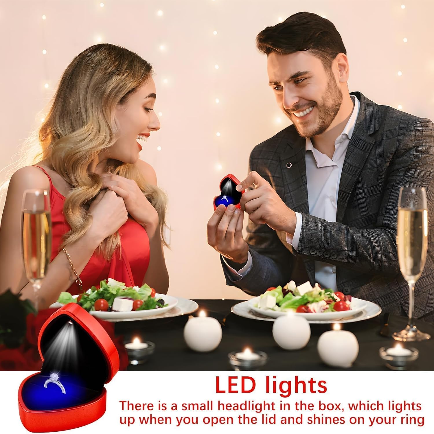 Ring Box with LED Light, Heart Shape Jewellery Gift Box Auto Lighted up Ring Boxes for Jewellery Earring Case Diamond Luxury Storage Display Holder for Engagement Proposal Wedding New Year (Red)