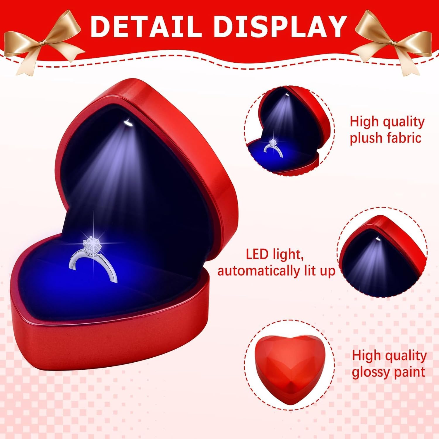 Ring Box with LED Light, Heart Shape Jewellery Gift Box Auto Lighted up Ring Boxes for Jewellery Earring Case Diamond Luxury Storage Display Holder for Engagement Proposal Wedding New Year (Red)