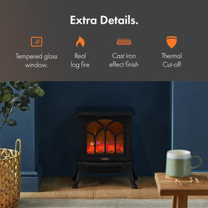 Electric Stove Heater 1500W – Electric Fireplace – Indoor Log/Wood Burner Effect, Freestanding Fire, Portable, LED Flame, 2 Heat Settings, Adjustable Thermostat, Black – H45 X W41 X D24Cm