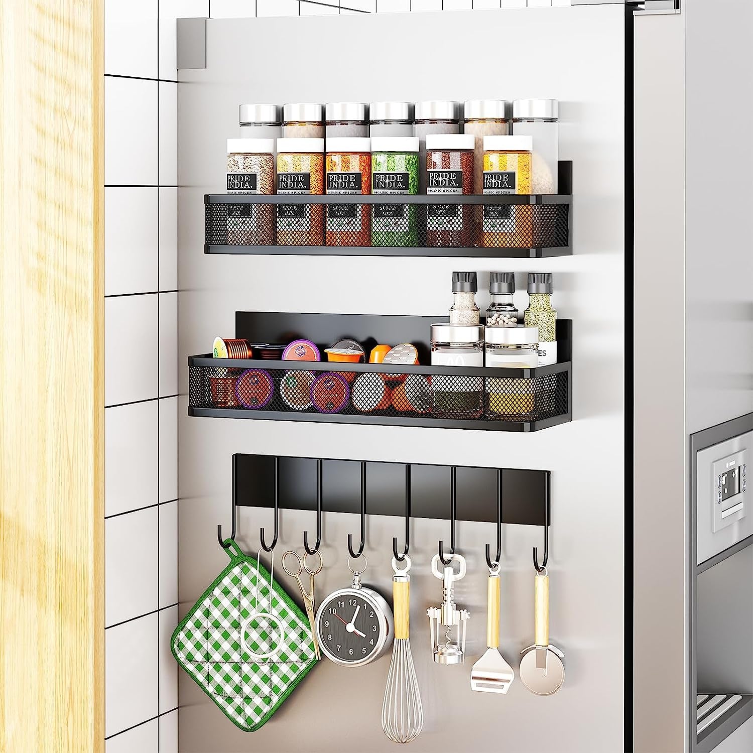  magnetic Spice Rack for Refrigerator - 2 Pack Magnetic Shelf with Moveable Hooks for Ultimate Kitchen Organization!