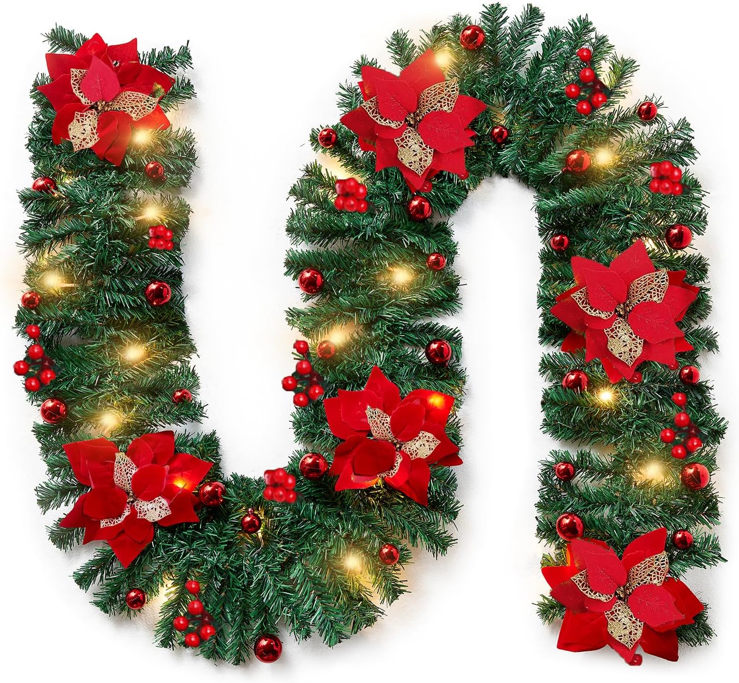 2.7M LED Pre-Lit Christmas Garland Decorations, 9FT Green Garland Illuminated with 30 Warm LED Lights, Garland Artificial Greenery Holiday Decor for Indoor Outdoor