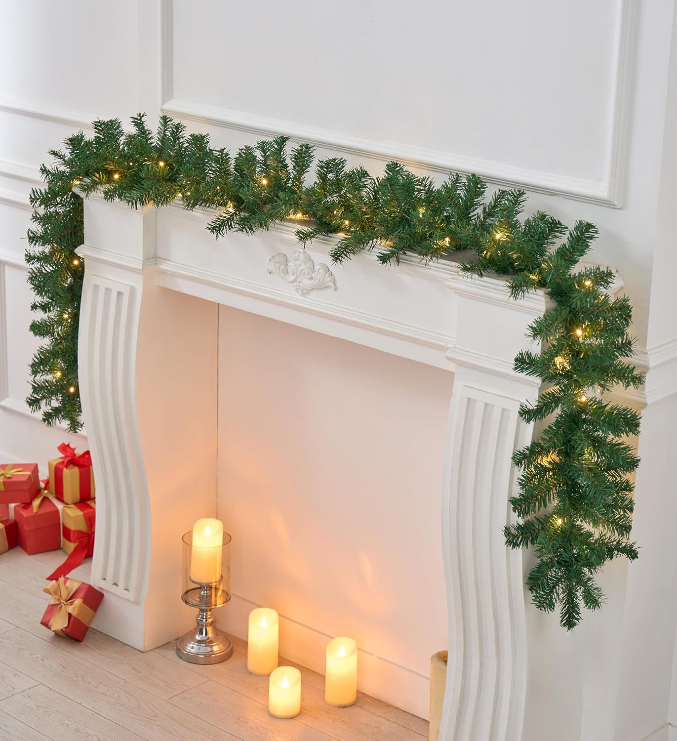 2.7M LED Pre-Lit Christmas Garland Decorations, 9FT Green Garland Illuminated with 30 Warm LED Lights, Garland Artificial Greenery Holiday Decor for Indoor Outdoor