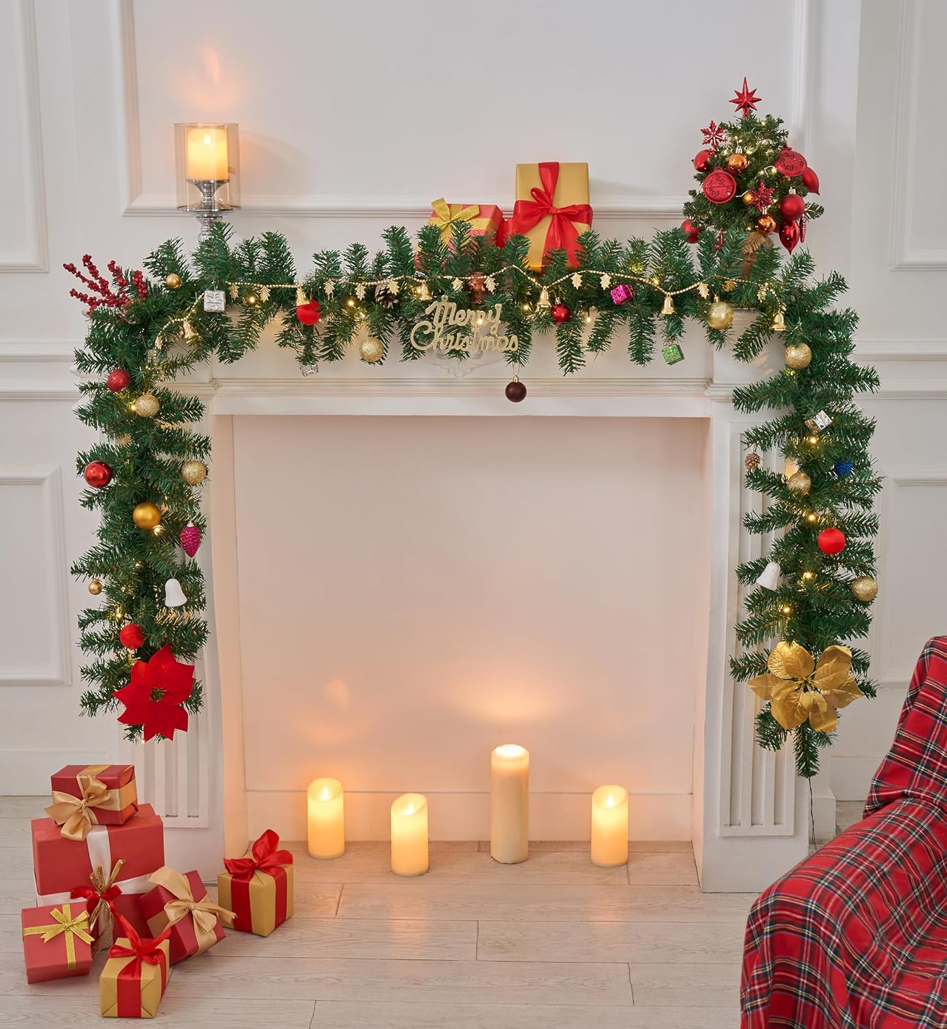 2.7M LED Pre-Lit Christmas Garland Decorations, 9FT Green Garland Illuminated with 30 Warm LED Lights, Garland Artificial Greenery Holiday Decor for Indoor Outdoor