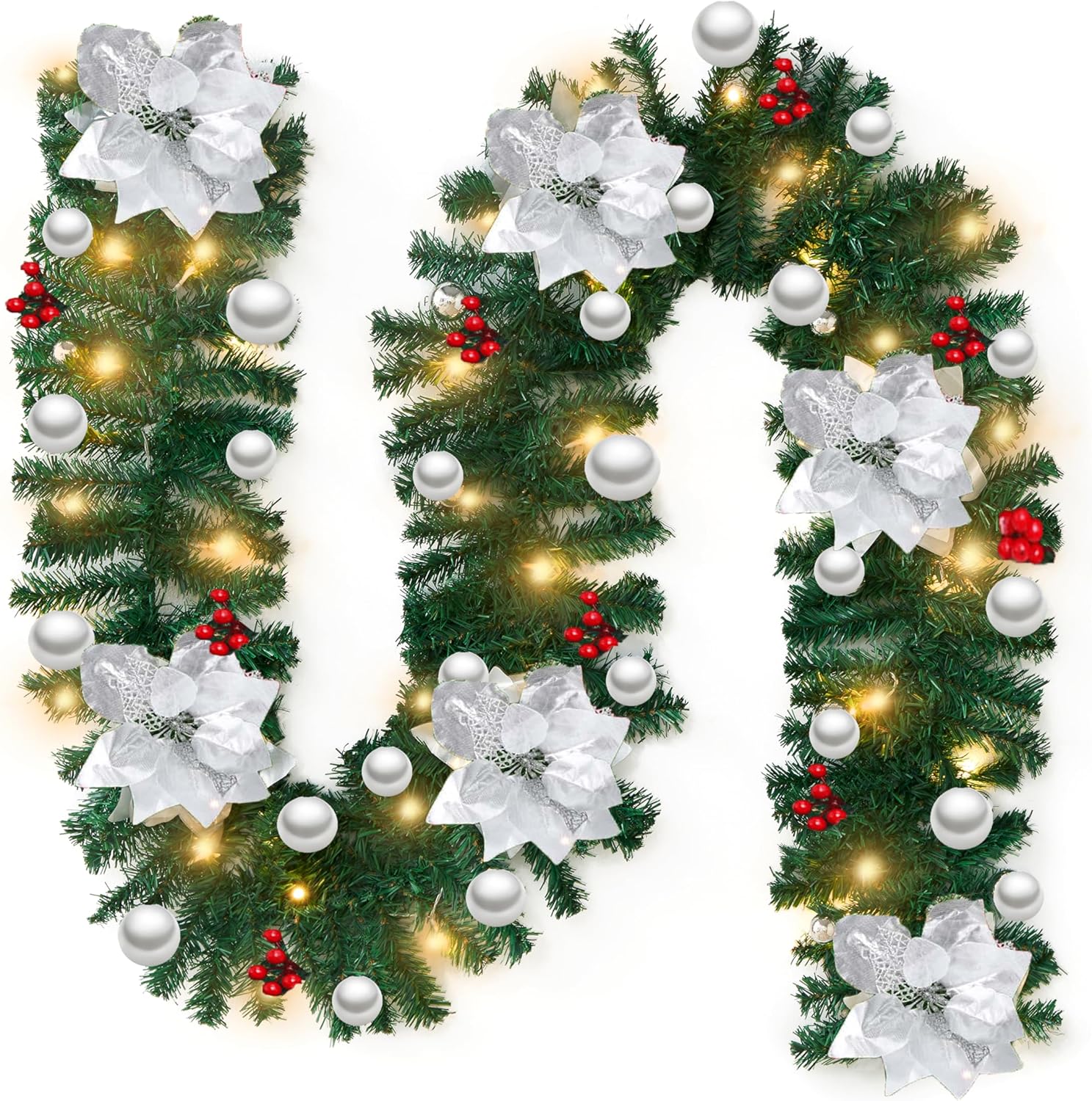 2.7M LED Pre-Lit Christmas Garland Decorations, 9FT Green Garland Illuminated with 30 Warm LED Lights, Garland Artificial Greenery Holiday Decor for Indoor Outdoor