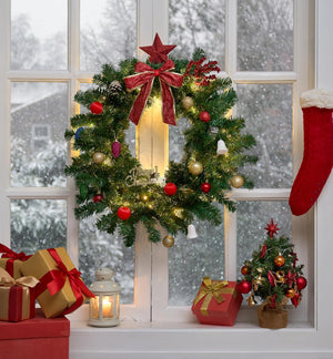 2.7M LED Pre-Lit Christmas Garland Decorations, 9FT Green Garland Illuminated with 30 Warm LED Lights, Garland Artificial Greenery Holiday Decor for Indoor Outdoor