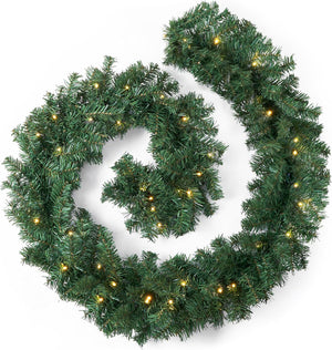 2.7M LED Pre-Lit Christmas Garland Decorations, 9FT Green Garland Illuminated with 30 Warm LED Lights, Garland Artificial Greenery Holiday Decor for Indoor Outdoor