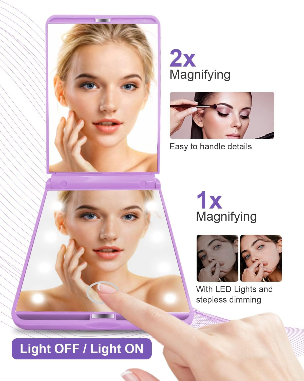 Portable Makeup Compact Mirrors P22, Adjustable Brightness Touch Switch Auto Power off 8 Leds Lighted Mirror 1X & 2X Magnification Gifts for Women Her Teenage Girls Purple, One Size