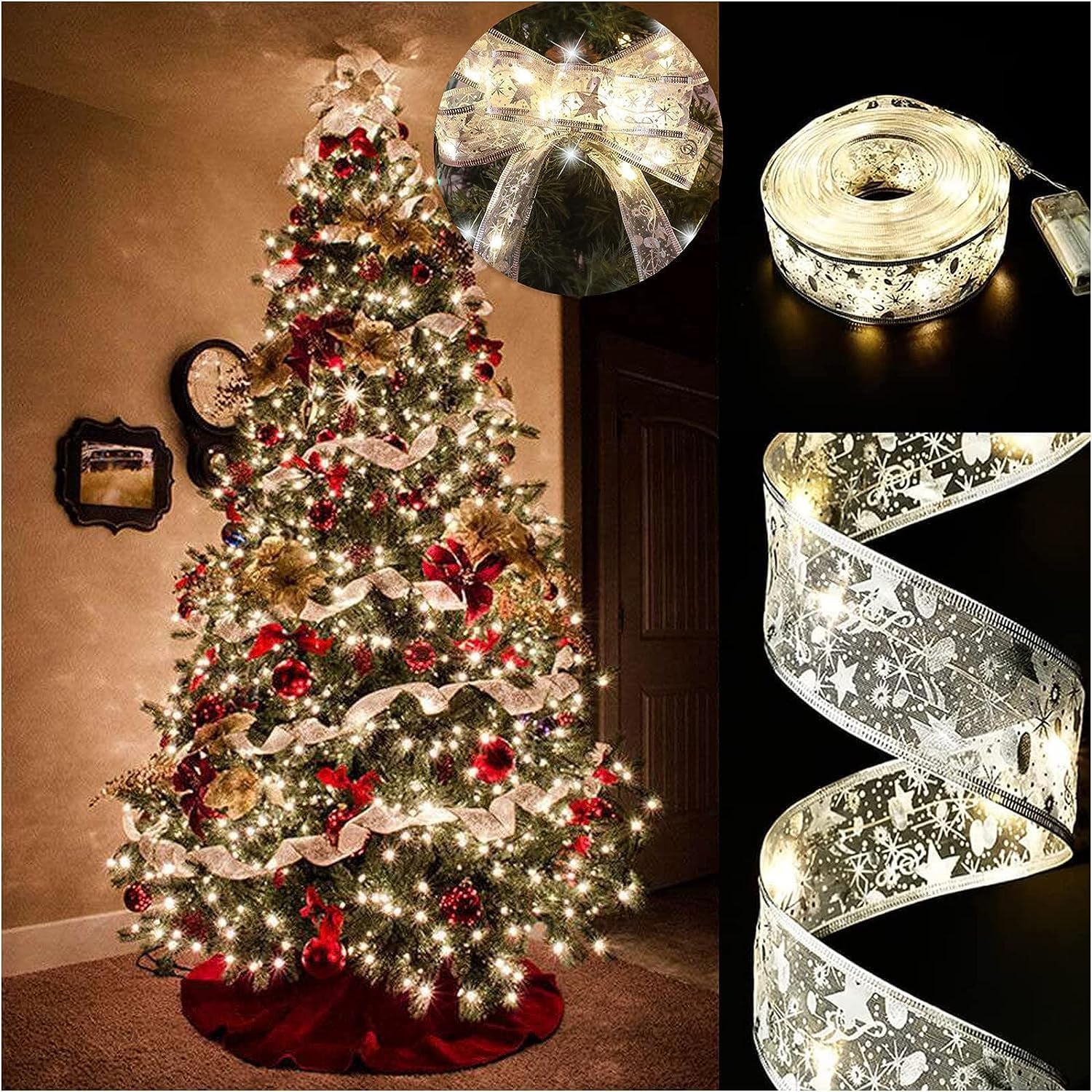 Christmas Tree Lights, 19Ft/6M 60 LED Christmas Tree Ribbon Waterproof Fairy Lights Christmas Decorations Curtain Lights Hanging Fairy Lights for Bedroom Wall Garden Patio Christmas Tree Decorations