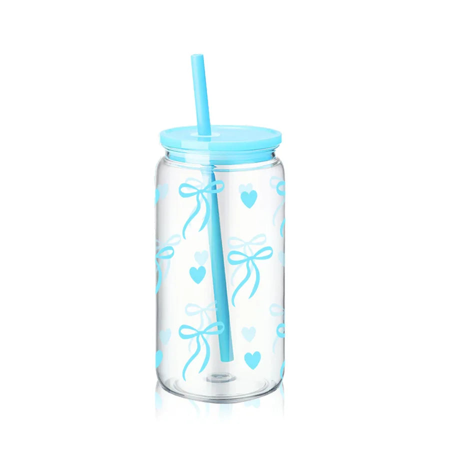 16Oz Cute Bow Plastic Cup with Lid Bow Cherry Graffiti Pattern Water Bottle for Kitchen Coffee Straw Cups Beverage Juice Cups ﻿