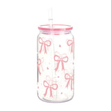 16Oz Cute Bow Plastic Cup with Lid Bow Cherry Graffiti Pattern Water Bottle for Kitchen Coffee Straw Cups Beverage Juice Cups ﻿