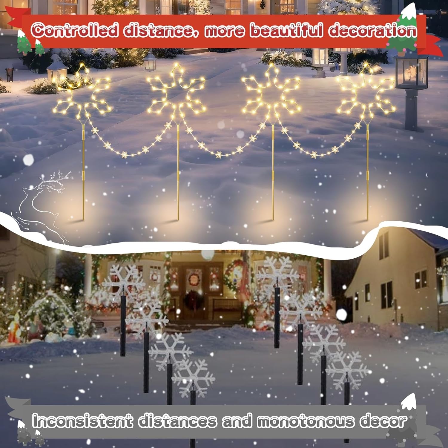 Christmas Pathway Lights Outdoor Decoration, 90Cm 4Pack 176 LED Snowflake Path Lights Warm White & 8 Modes Timer Memory Function, Stake Decor for Garden Yard Lawn