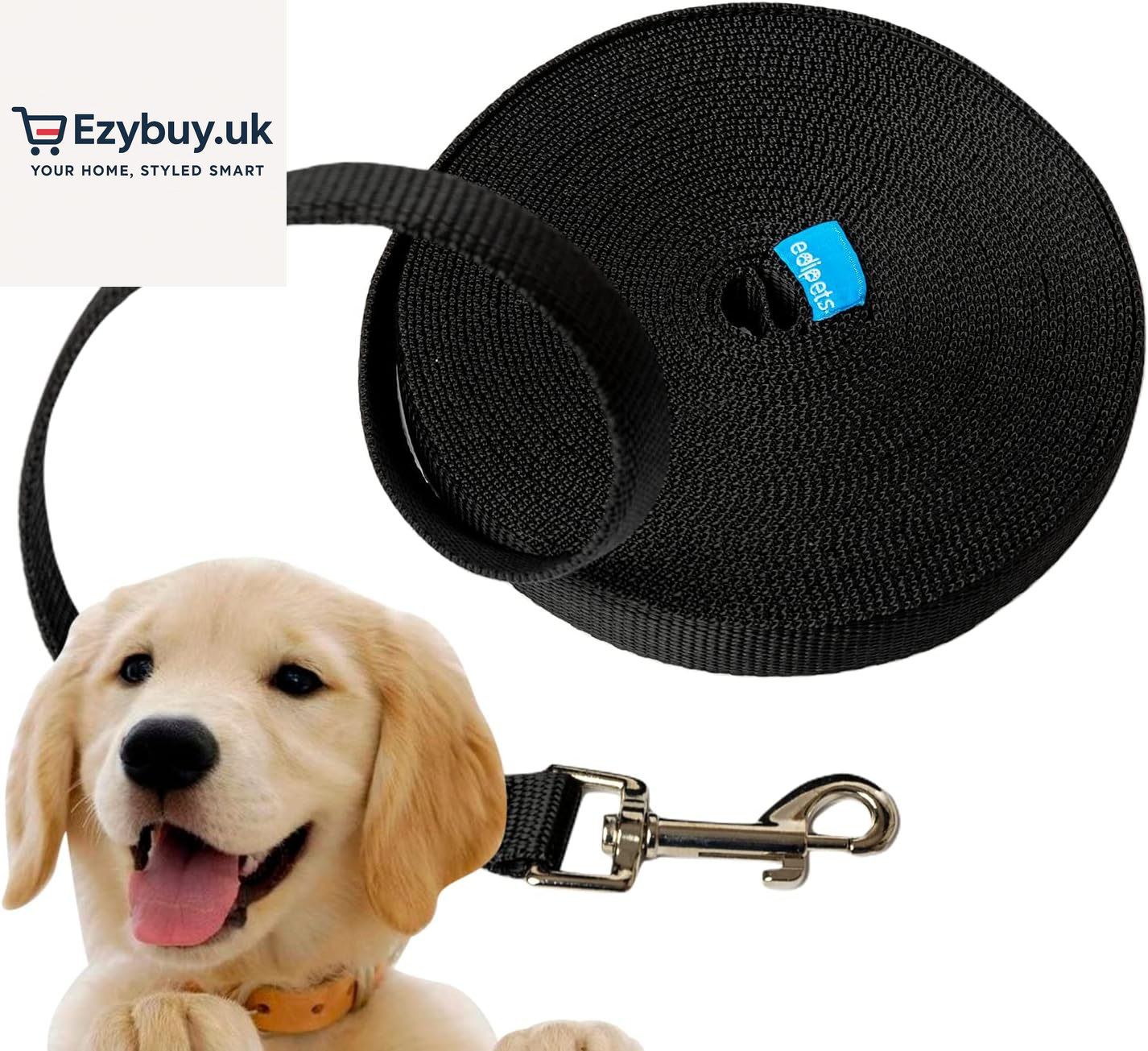 , Training Lead for Dogs, Dog Lead, Strong Tape, 1.5M / 3M / 5M / 10M / 15M Long, Nylon, for Puppy, Small, Medium and Large Dogs, Red, Black or Blue (3 M, Black)