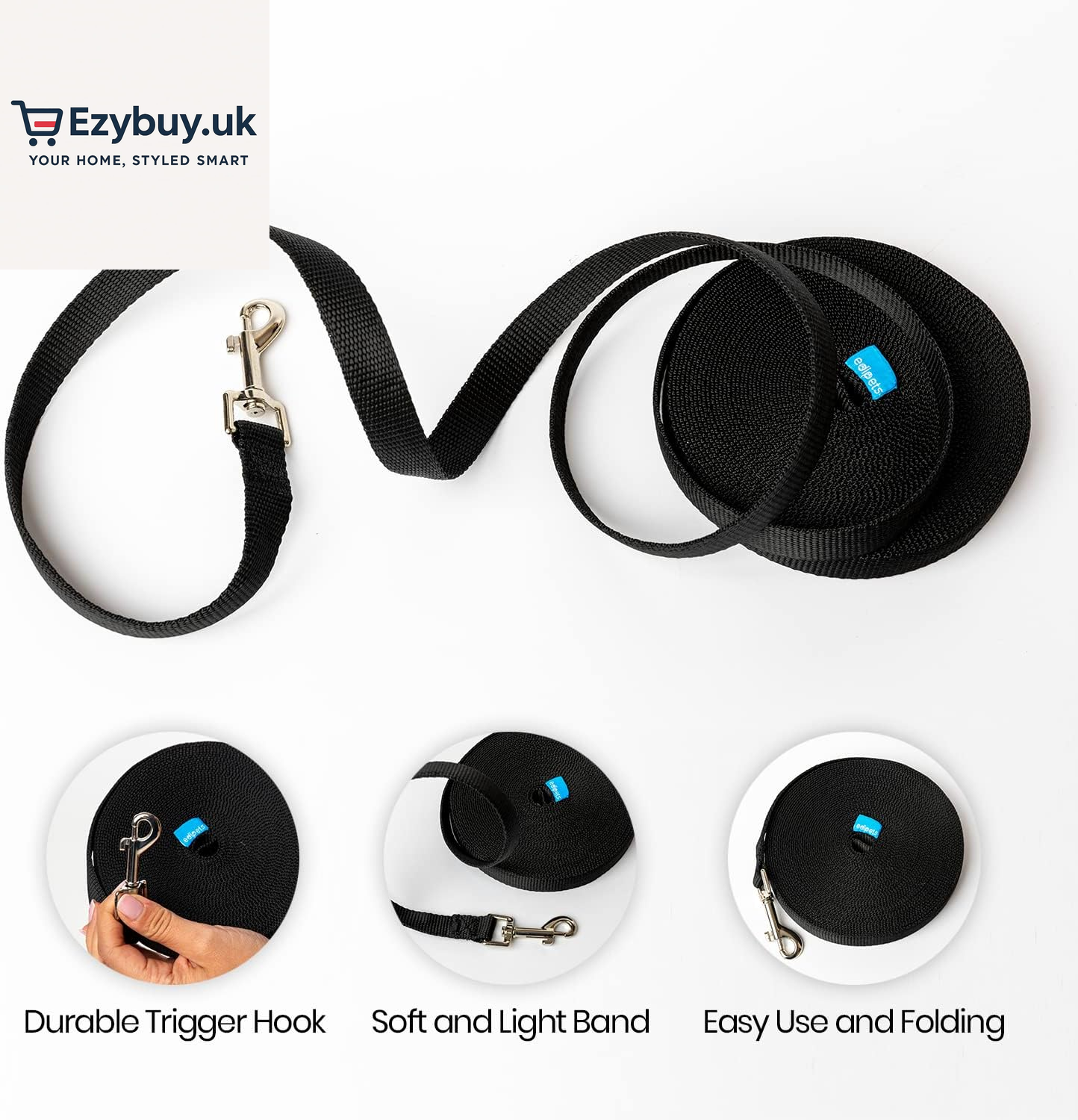 , Training Lead for Dogs, Dog Lead, Strong Tape, 1.5M / 3M / 5M / 10M / 15M Long, Nylon, for Puppy, Small, Medium and Large Dogs, Red, Black or Blue (3 M, Black)